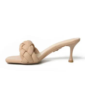 

Women Genuine Leather Sheepskin Slippers Square Toe Two Ways Wearing Options With or Without Straps Slides Thin Heel Sandals