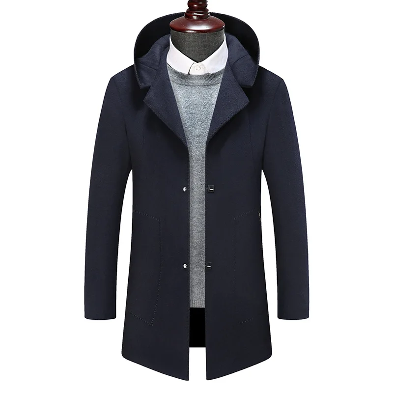 Navy blue Для мужчин верхняя одежда шерстяное пальто Для мужчин женская зимняя модная обувь с флисовой подкладкой, теплая, с капюшоном, шерстяное пальто для девочек младшего возраста Для мужчин Повседневное Утепленные длинные пальто, верхняя одежда для мальчиков - Цвет: Navy blue