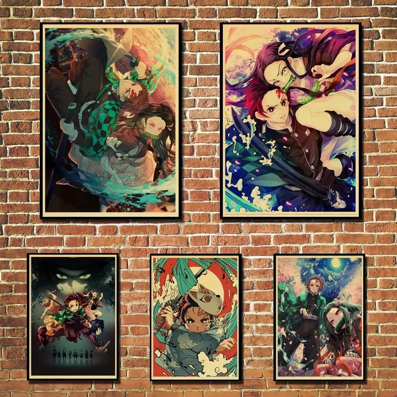 Anime Demon Slayer Kimetsu no Yaiba Cool Retro Poster Prints Kraft Paper Wall Art Home Room Decor