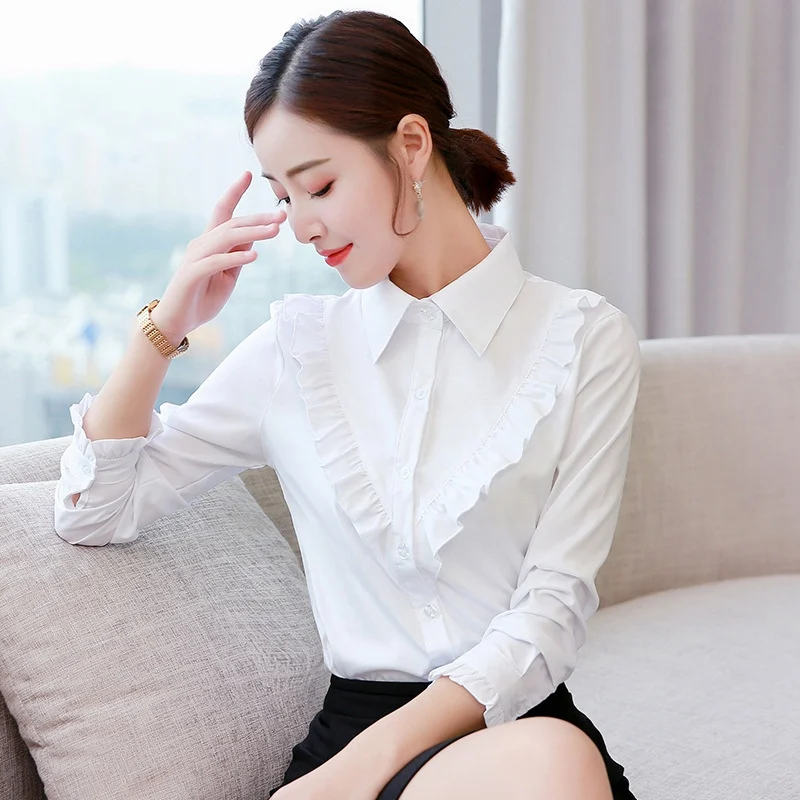 Women Blouses Shirts Turn-Down Collar Shirts Long Sleeve Ruffles White Blouse Ladies Casual Plain OL Blouse Work Shirts Blouse