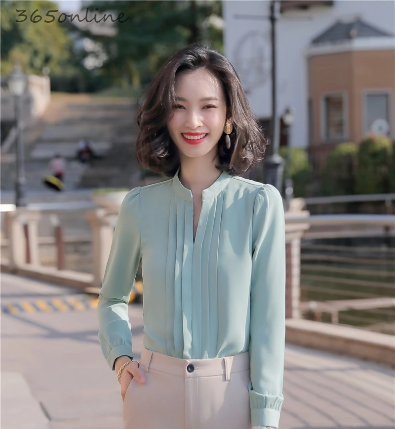 de manga larga de oficina para mujer, de trabajo de negocios, color verde, para primavera y verano|Blusas camisas| -