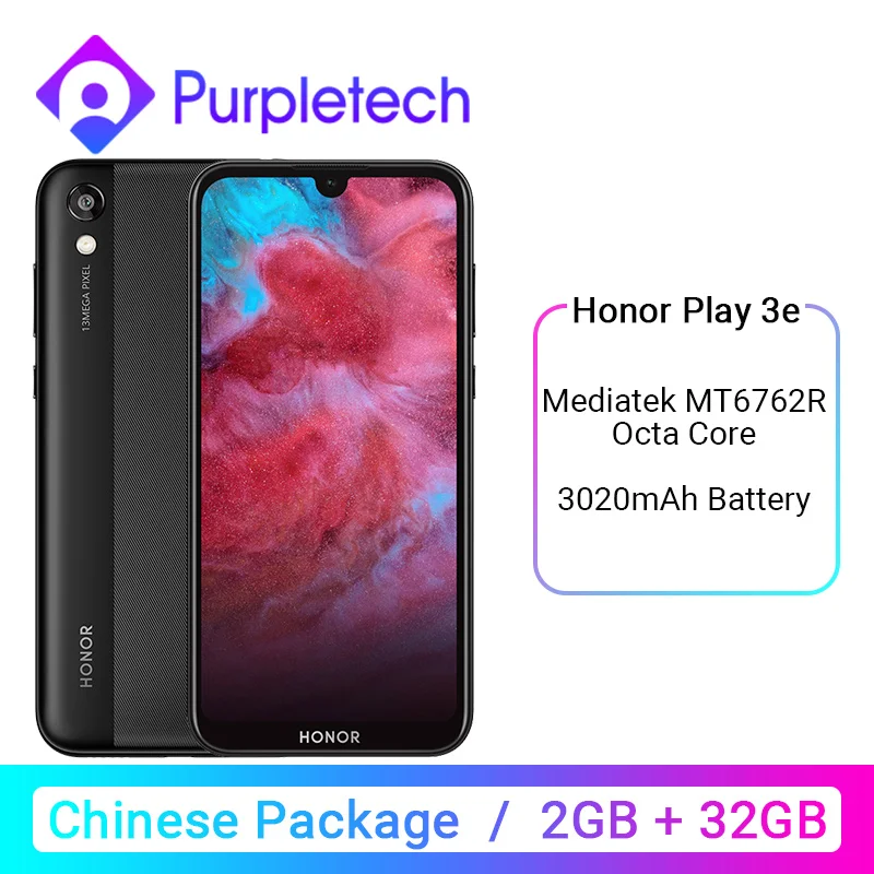 HONOR Play 3e 3 e MT6762R Helio P22 2 ГБ 32 ГБ мобильный телефон Восьмиядерный 5,71 дюймов 13 МП камера заднего вида Android 9,0 3020 мАч