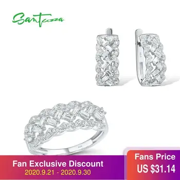 

SANTUZZA Jewelry Set For Women Genuine 925 Sterling Silver Sparkling White Cubic Zirconia Earrings Ring Set Party Fine Jewelry