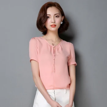 

2020 Women Summer O-Neck Short Sleeve Solid Chiffon Shirt Blouses Tops S-3XL