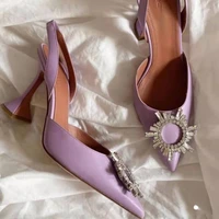Demi-pantoufles à la mode pour femmes, sandales à la mode avec strass scintillants, chaussures à talons en verre de vin en Satin, pantoufles à bout fermé, nouvelle collection 1