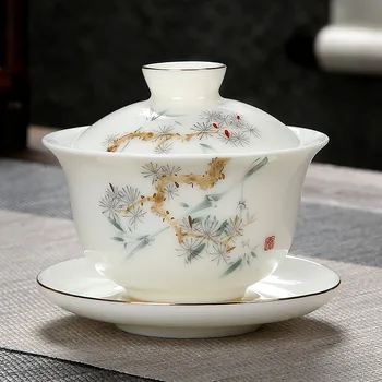 

Sheep Fat Jade Tea Tureen Chinese Teaset Gaiwan Handpainted Pine Tea Cup and Saucer Set High-end Gift Tea Bowl
