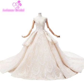 شراءفساتين زفاف فاخرة 2019 تصميم جديد ثلاثية الأبعاد الزهور الدانتيل الخرز كريستال فستان زفاف موضة مذهلة فستان الزفاف رداء دي ماريج