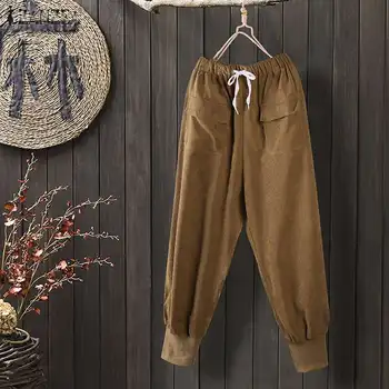 

Women Pants ZANZEA 2020 Vintage Corduroy Long Trousers Female Casual Pockets Pantalones Elastic Waist Harem Pants Streetwear 5XL