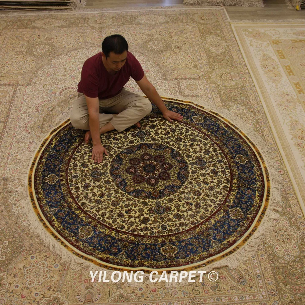 Yilong 6'x6' персидский шелковый ковер изысканный синий медальон ручной работы турецкий круглый коврик (ZQG352A-6x6)