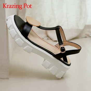 

Krazing pot leisure ring metal decorations thick bottom maiden peep toe high heel summer shoes buckle straps sandals women L16