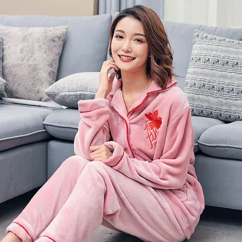 

Lady Autumn Winter New 2PCS Flannel Pajamas Set Sexy Embroidery Maple Leaf Pocket Pyjamas Sleep Suit Lingerie Lounge Sleepwear