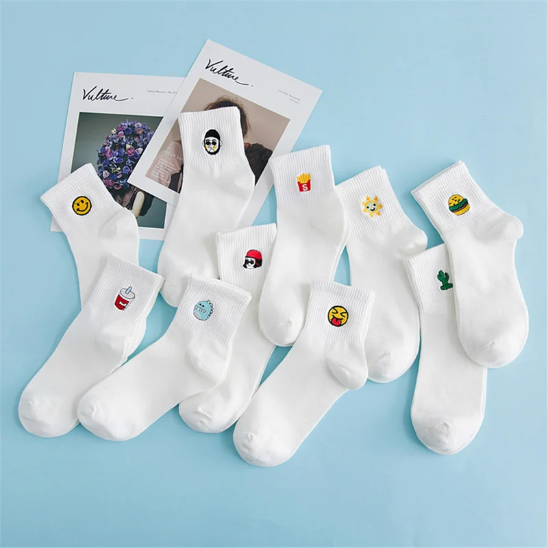 

Women's Harajuku Hipster Skateboard Funny White Socks Embroidery Coke Girl Killer Cactus Heart Fries Monster Cactus Hamburger