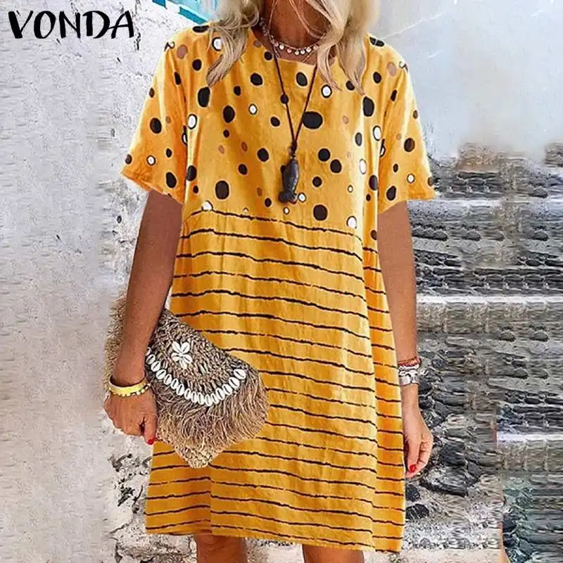 VONDA, женское платье, повседневное, свободное, круглый вырез, короткий рукав, в полоску, пэтчворк, платье размера плюс, летний сарафан, богемное, Vestidos 5XL - Цвет: Yellow