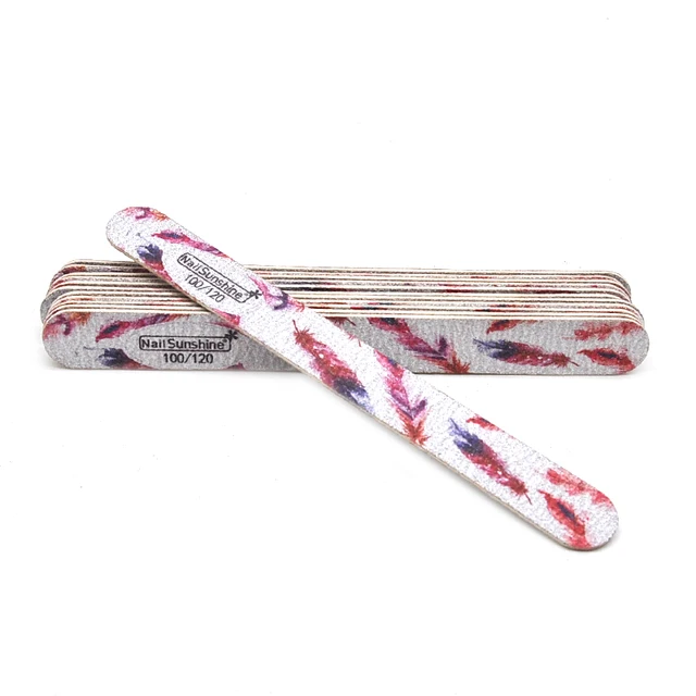10 Pcs Printed Flower Wood Nail Files 100/120/150/180/240 Wooden Sanding Buffer Block Gel Polishing Nails Files Accessories Tool feather 100-120