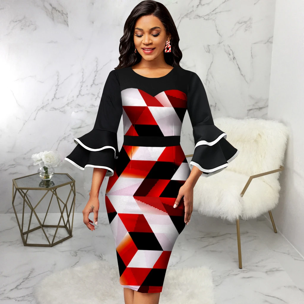 Vestido ajustado con estampado mujer, elegante con mangas y volantes en capas para fiesta de boda, primavera 2022|Vestidos| - AliExpress