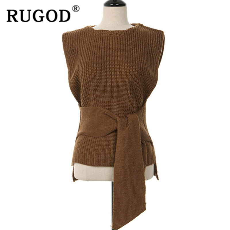RUGOD, новинка, Осенний однотонный жилет для женщин, круглый вырез, без рукавов, на шнуровке, тонкий, с разрезом, Вязанное пальто, модное, женское, элегантное, modis Жилет