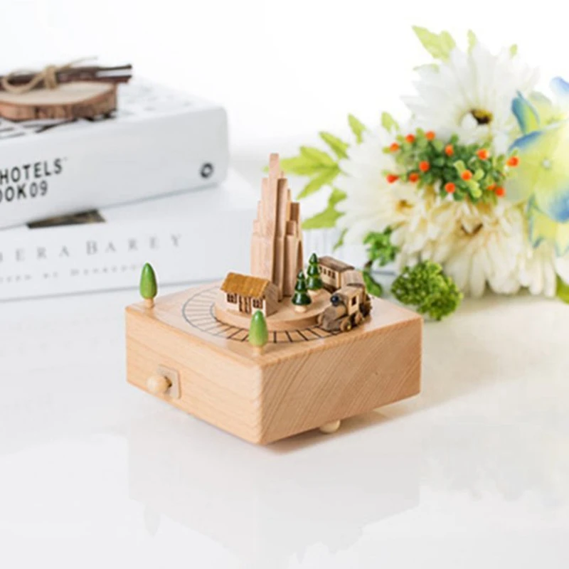 Hot Wooden Musical Box Featuring Mountain Tunnel With Small Moving netic Train Plays