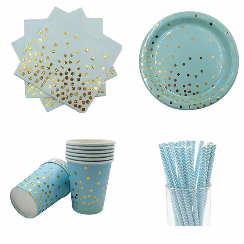 

Gold Dot Blue Disposable Tableware Baby Shower Cups Straws Napkins Plates For 1st Birthday Decor Kids Boys Favors Party Supplies