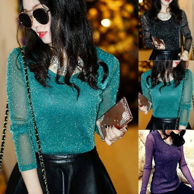 

Elegant Solid Color Shining Women Blouse Sexy See Through Blouse Transparent Mesh Long Sleeve Shirt Tops