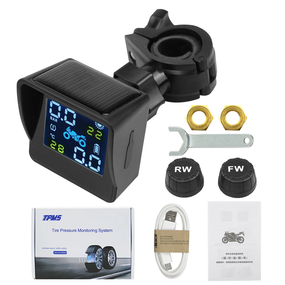 Motorcycle Tire Pressure Monitor USB Solar Charging Motorcycle TPMS Motor Tire Pressure Tyre Temperature Monitoring Alarm System with 2 External