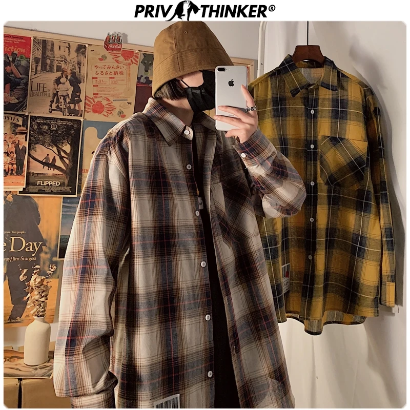 Privathinker мужские весенние рубашки в клетку 2020 Мужская мода Harajuku блузка с длинным