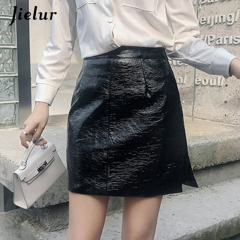 

Jielur PU Skirts Womens Slim A-line Mini Skirts Autumn Winter Chic New Zipper Women Skirt Black High Waist Saia Faldas S-XL