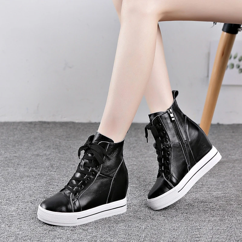 Zip Black Boots Женские ботинки из натуральной кожи; ботильоны на платформе, визуально увеличивающие рост; высокие кроссовки на танкетке; Повседневная обувь; женская обувь из натуральной кожи; Botas - Цвет: Zip Black Boots