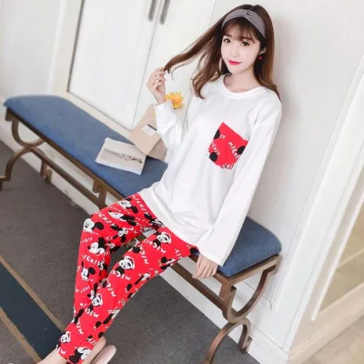 

Long Sleeve Pajamas Women's Thin Spring And Autumn New Products Casual Loose-Fit Women's Home Wear Red Pants Mickey Plus-sized