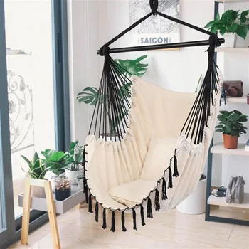 

Hanging Chair Swing Tassel Plus Pillow Beige Fabric Black Rope Lightweight Convenient Easy Assemble for Backyard Garden Etc