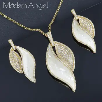 

ModemAngel Luxury Leaf Gemoetric Super AAA Cubic Zirconia Zirconia Party Wedding DUBAI Pendant Necklace And Earring Jewelry Set