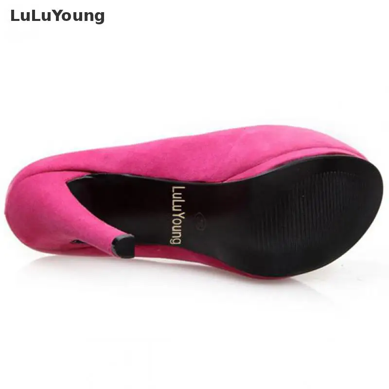 Женские туфли из флока на высоком каблуке 14 см с круглым носком летняя