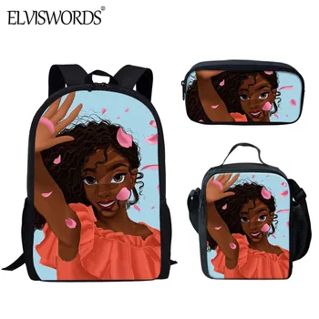

ELVISWORDS Cool Black African Girls Pattern Kids 3PCS/Set School Backpack 15 Inch Shoulder Book Bag Cartoon Rucksack mochila