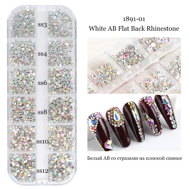 1Box Multi Size Glass Nail Rhinestones Mixed Colors Flat-back AB Crystal With tools 3D Charm Gems  Manicure Nail Art Decorations 020