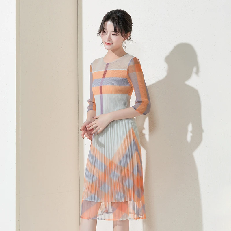 

Gauze Pleated Medium length 2019 New style in spring and summer Fashion Stripes Printing Fold Dress