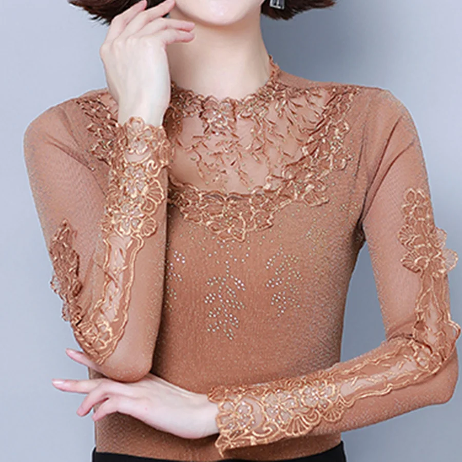 

Fashion shirt 2019 autumn new short hollow stand collar mesh shirt top plus size long sleeve lace blouse women top blusas