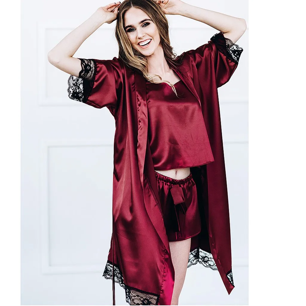 Модная женская одежда для сна, сексуальное шелковое атласное кимоно, халат, кружевное белье, боди, ночное белье, черный/красный, распродажа,# P5