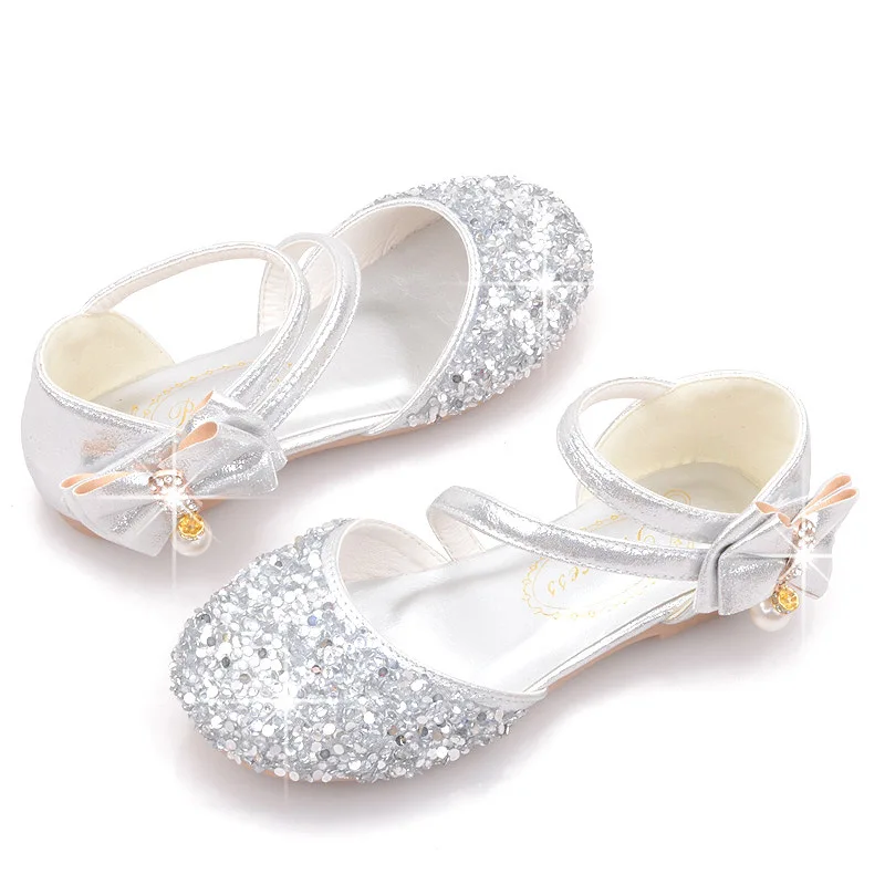 New Size 3-12 Fashion Sequin Children Kids Shoes Big Girl Sandals For Summer Latin Dance Princess Bow Rhinestone Leather Shoes