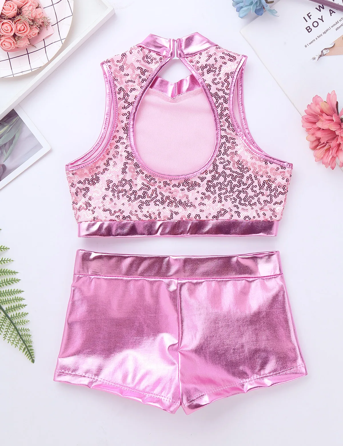 Kids Girls Sports Suit Ballet Dancewear Outfit Sequins Crop Top Metallic Bottoms Set For Jazz Hip Hop Dance Gymnastics Workout