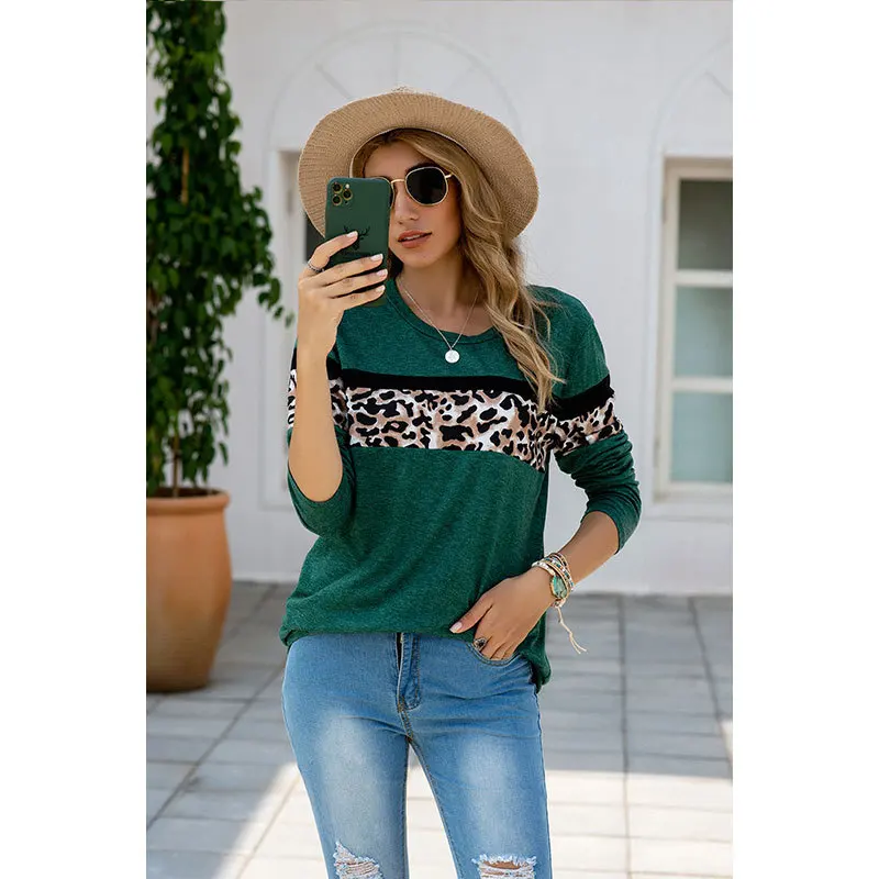

Femme T-shirts Women Long Sleeve Mujer Camisetas Leopard Patchwork O-neck Tops Tee Autumn Loose Tee Shirts Fashion Streetwear