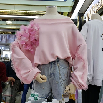 

Women Hoodie 2020 Spring New Beads Stereo Mesh Flower Round-neck Pink Hoodie Loose Tops Girls Ladies Sweatshirt Tops Mujer