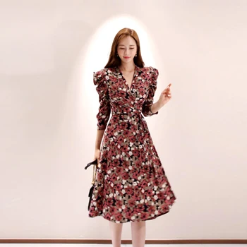 

CINESSD The Vintage Loose Dress 2019 Women Autumn Polyester Elegant Flower Print V-neck Boho Robe Dress Vestidos Plus Size