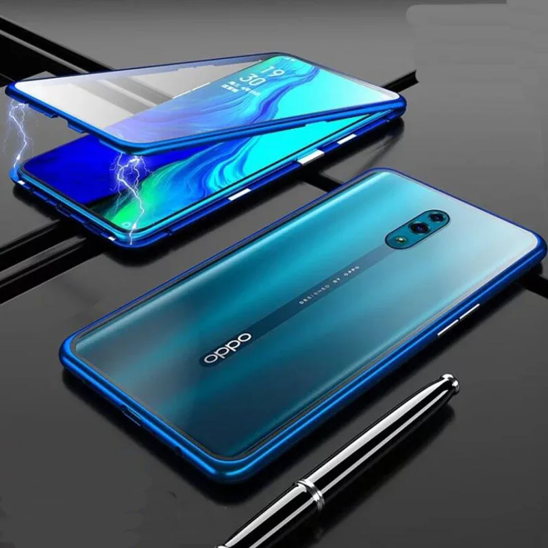 Двойное закаленное Стекло Магнитный чехол для телефона для OPPO Realme XT X2 3X5 Q A3S A7X AX7 A11X A5 A9X F9 F11 Pro Чехол для телефона - Цвет: Синий