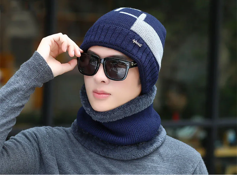 2 шт. модные зимние защитные вязанные шапочки Skullies& Beanies с шарфы-Снуды зимняя шапка для мужчин Лыжные шапки