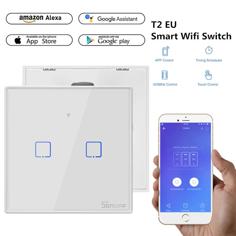 

SONOFF T2 EU TX Basic Smart Wifi Touch Wall Light Switch With Border Smart Home 433MHZ RF/Voice/APP Control Works With Alexa