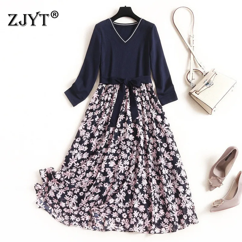 

Street Style Fashion Spring Dress Woman Clothes 2020 New Designers Long Sleeve V Neck Lace Up Floral Chiffon Patchwork Dress