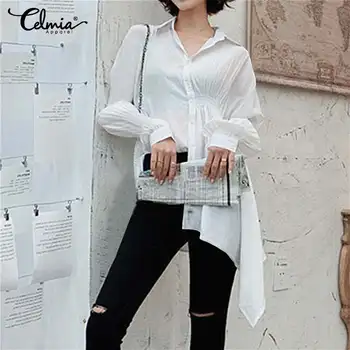 

Fashion Women Long Sleeve Blouse Celmia 2020 Spring Casual Pleated Shirts Elegant Lapel Asymmetrical Party Tops Blusas Femininas