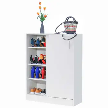 

4 Layers Wooden Shoe Cabinets Shelves Adjustable Shoe Rack Sliding Door Design Home Standing Shoes Stand Living Room Furniture
