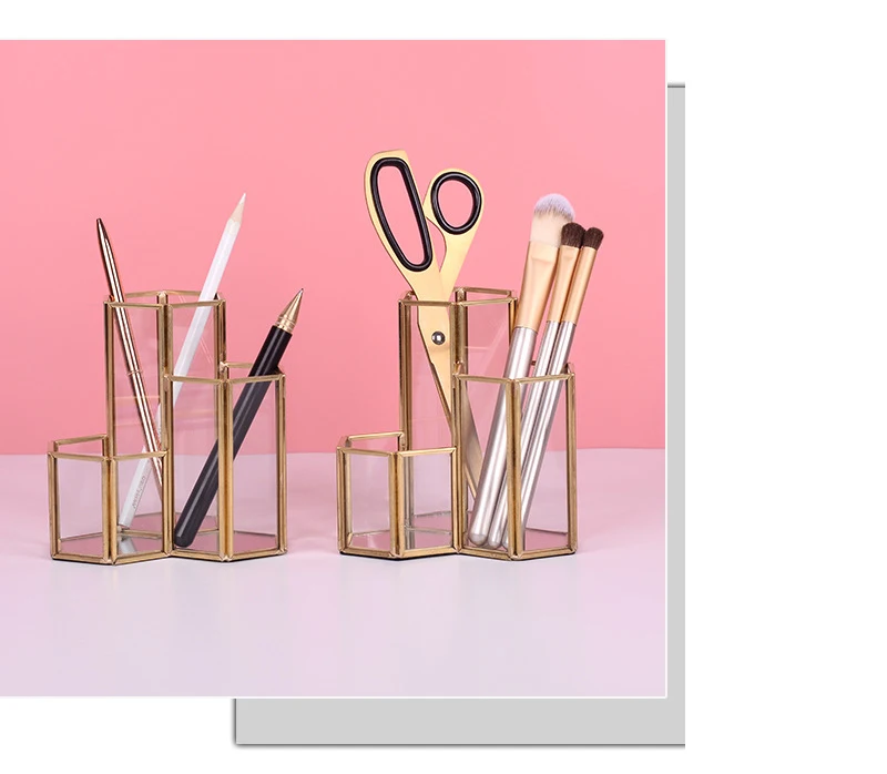 Nordic Glass Copper Hexagon Composite Pen Holder Makeup Brush Glass Boxes Multifunction Desktop Organizer Office Accessories