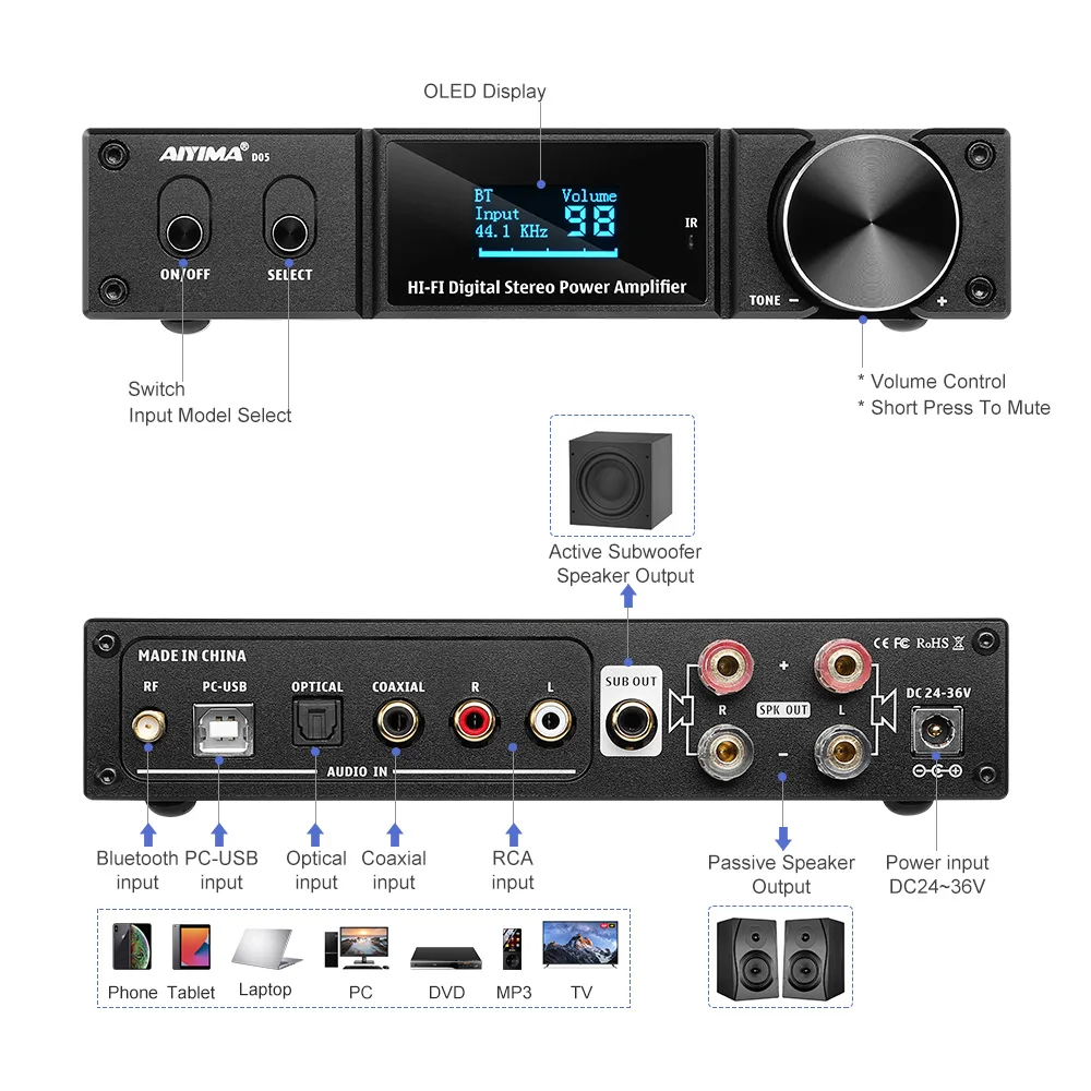 Aiyima-パワーステレオアンプ、2.0チャンネル、hifiデジタルサブウーファー、d05、bt  5.0、2.1ホームシアター、DIY、aptx、120w × 2