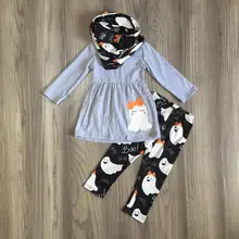 Новое поступление осенне-зимних шарфов с черепом на Хэллоуин для маленьких девочек, комплект из 3 предметов, серые штаны с изображением призрака хлопковый эксключивный наряд, детская одежда